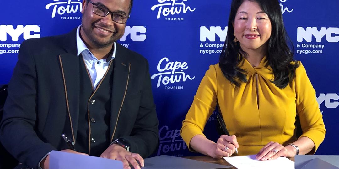 Renewing their marketing partnership at a signing ceremony in Cape Town:  Cape Town Tourism CEO, Enver Duminy, and NYC & Company MD Tourism Market Development, Makiko Matsuda Healy. Photo credit: Hilka Birns