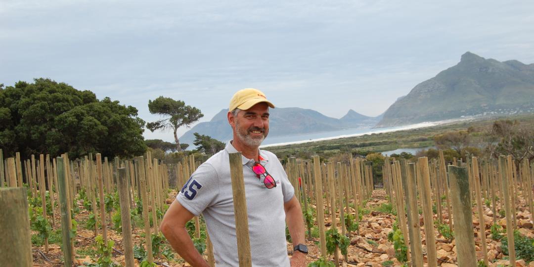 Gerhard van der Horst, managing director of Red Cliff Property who grew-up on Imhoff Farm in the recently planted vineyard overlooking Long Beach, Chapman’s Peak and Hout Bay in the distance. The vineyard will start producing in 2022 and undoubtedly boasts one of the best views in the Cape Peninsula. 